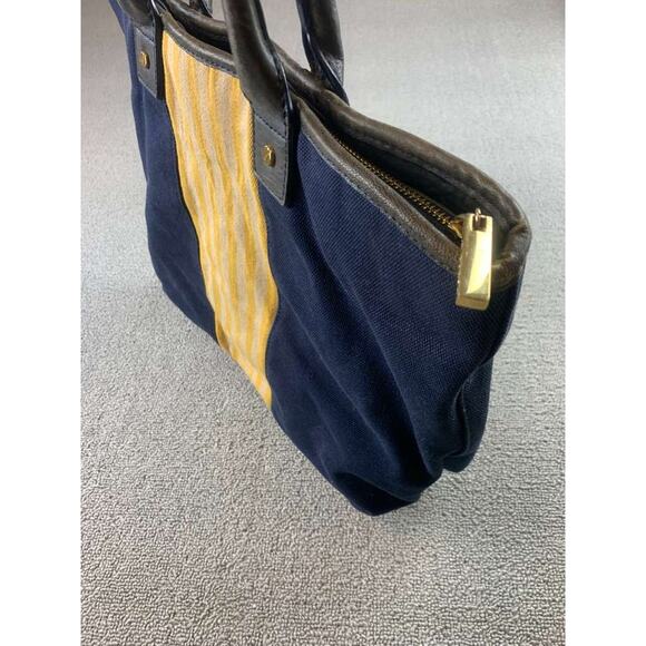 Tory Burch Tote Bag Women Navy Canvas Leather Trim Center Stripe Logo Patch - Picture 9 of 12